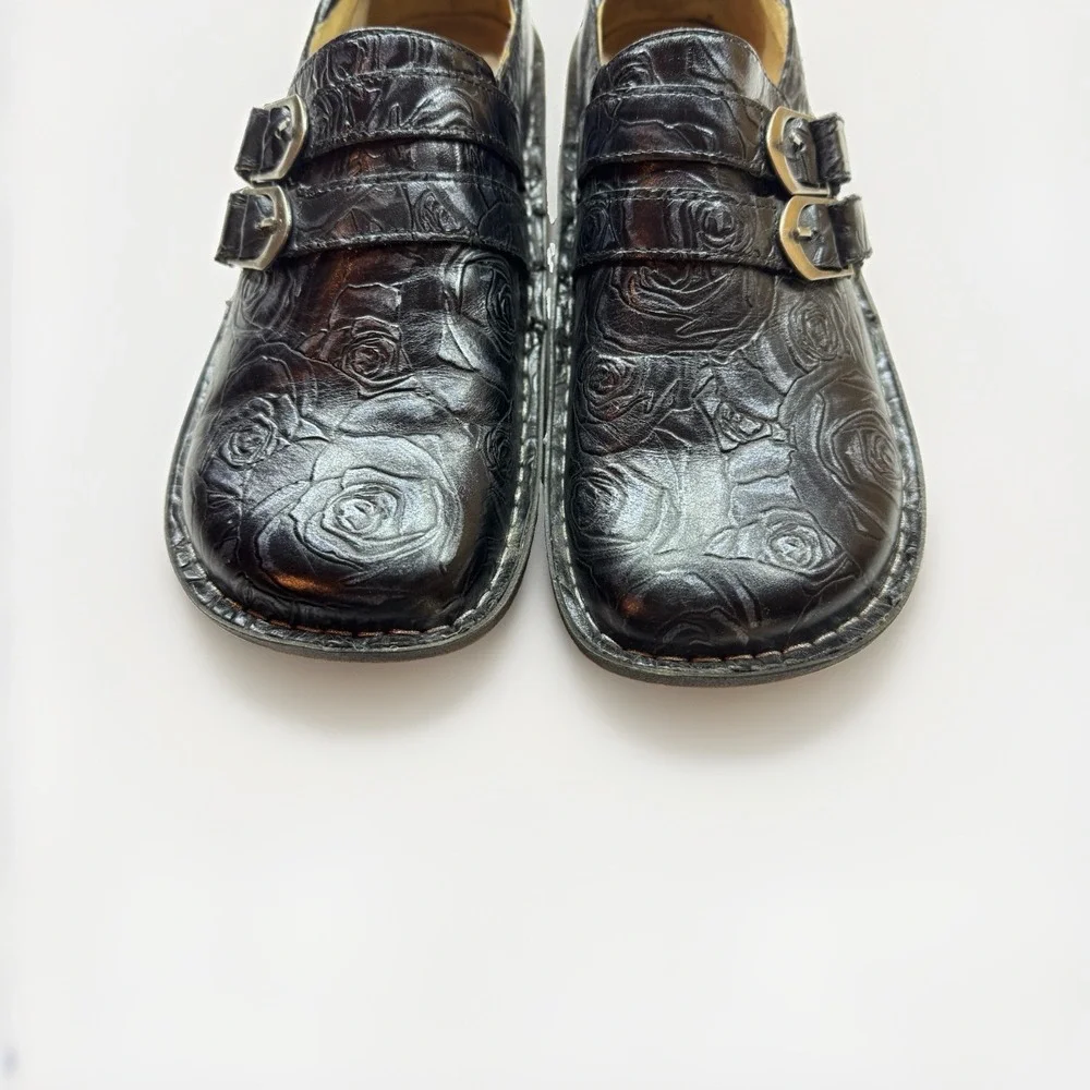 Alegria Alli Black Embossed Rose Leather Slip Ons, Euro Size 38 US Size 8-8.5